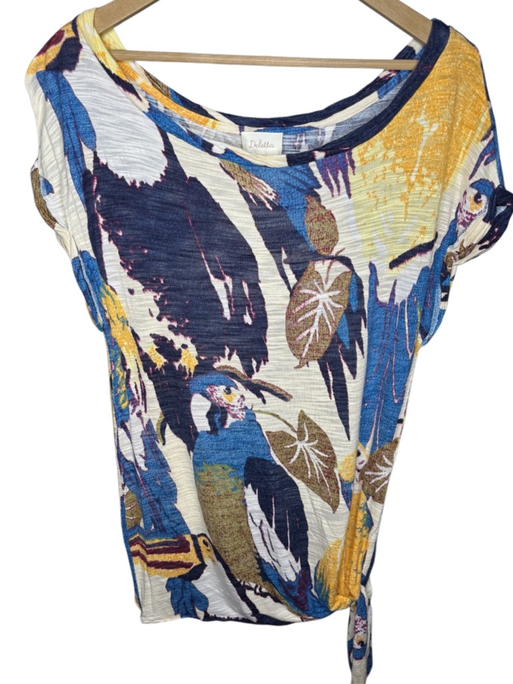 Deletta Tropical Parrot Print Top | Blue Yellow Rayon | Side Tie Blouse | Size L - Picture 3 of 6